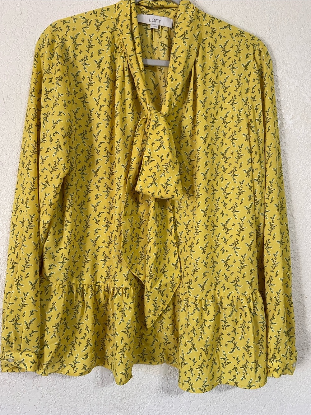 LOFT Yellow Floral Tie-Neck Ruffled Blouse